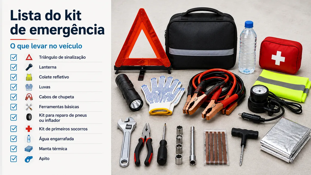 Lista do kit de emergência para carro com itens básicos de segurança do veículo e suprimentos de estrada