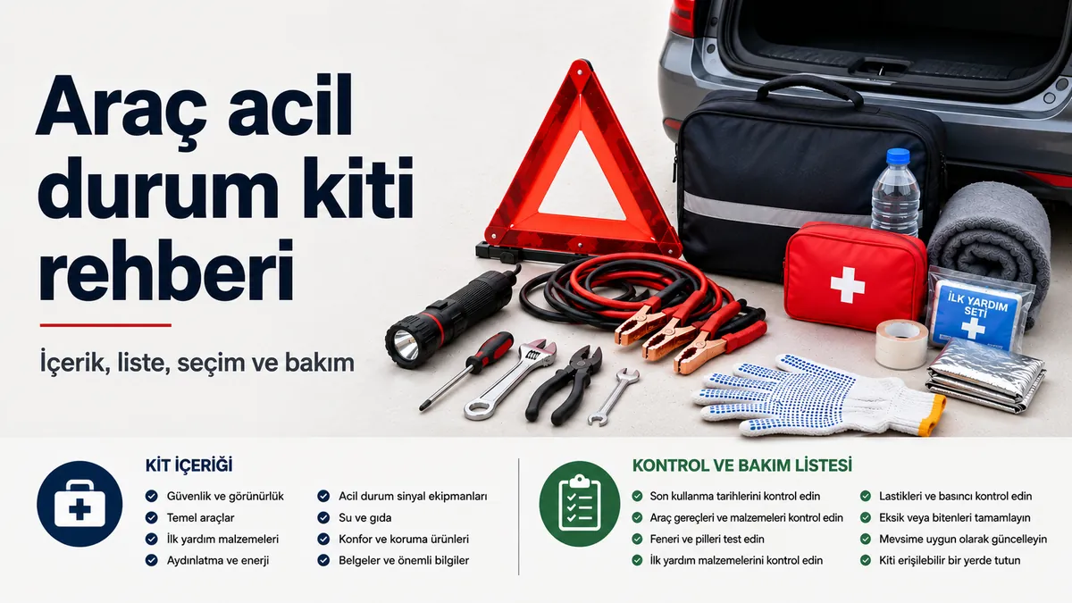 Yol güvenliği ekipmanları, araç gereçler ve ilk yardım malzemeleriyle düzenlenmiş araç acil durum kiti