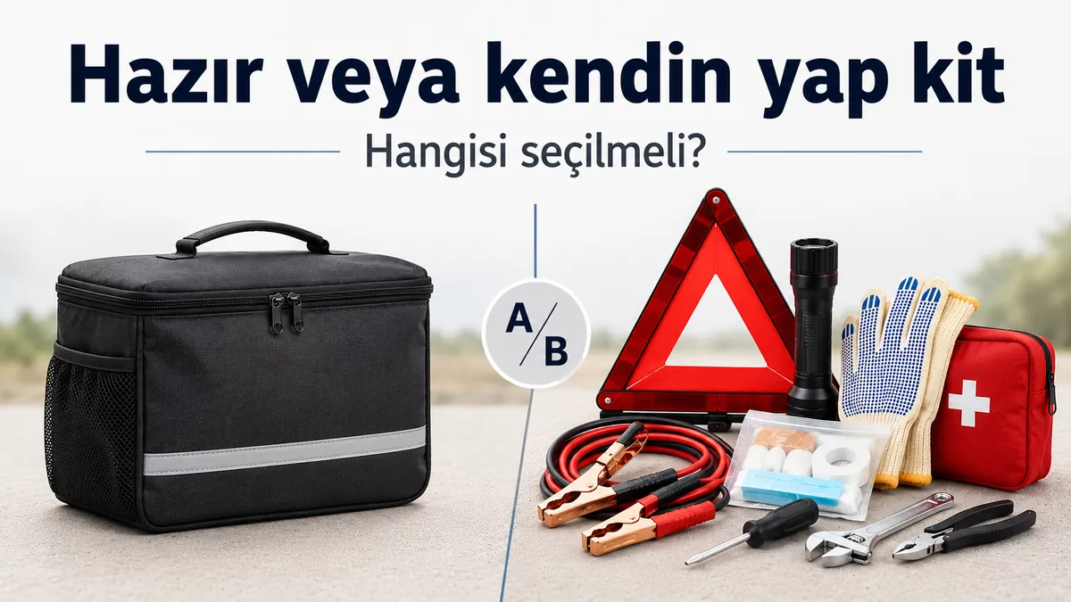 Hazır araç acil durum kiti ile kendi yol kitini hazırlamak için ayrı malzemeler yan yana