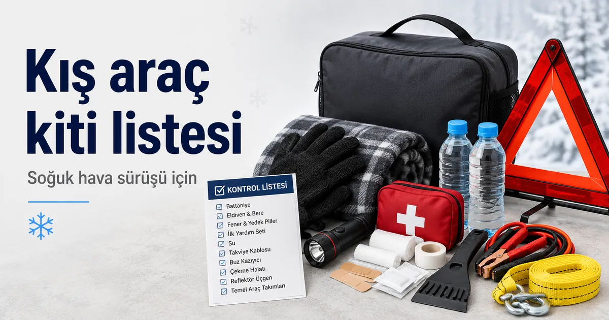 Soğuk hava sürüş malzemeleri, eldiven, battaniye ve yol güvenliği ekipmanları içeren kış araç acil durum kiti