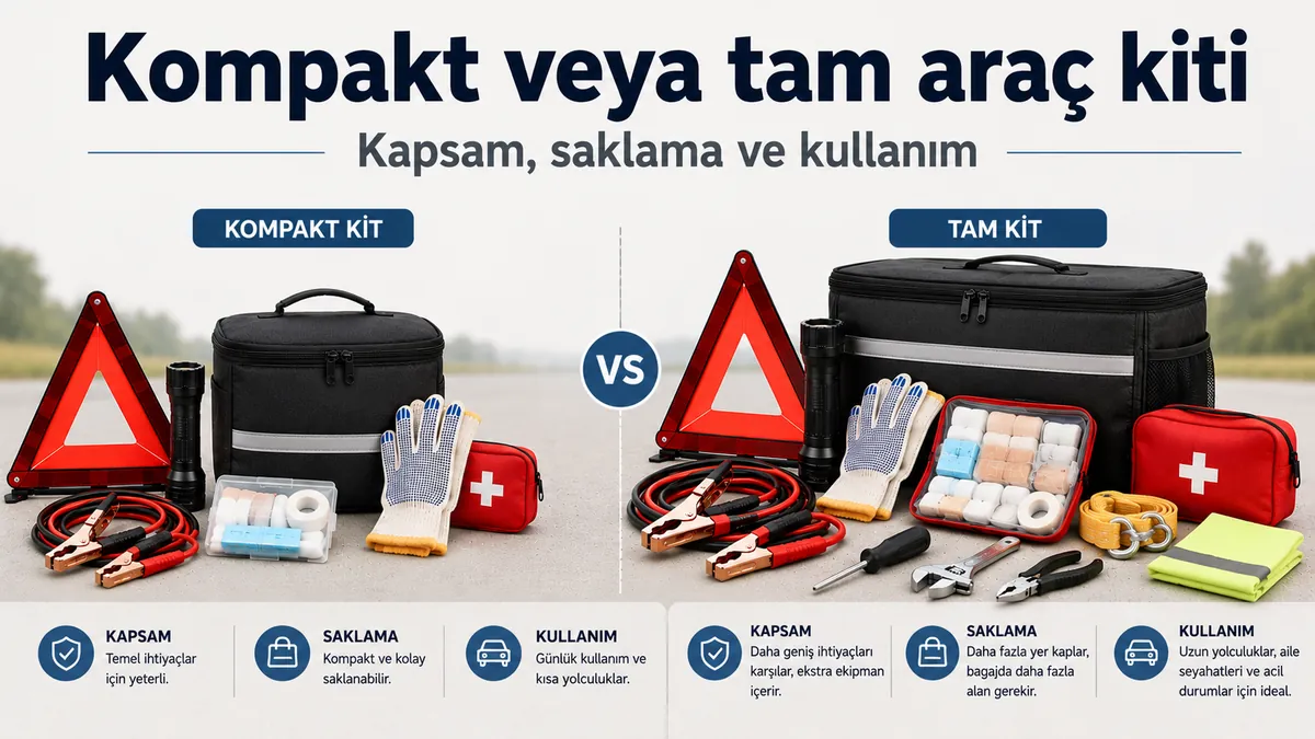 Kompakt araç acil durum kiti ile daha büyük ve tam yol acil durum kiti karşılaştırması