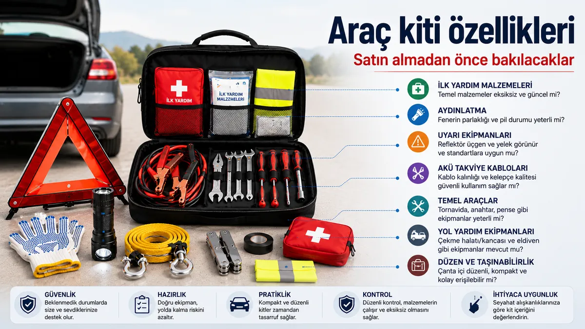 Yol ekipmanları, saklama çantası ve güvenlik aksesuarlarıyla gösterilen araç acil durum kiti özellikleri